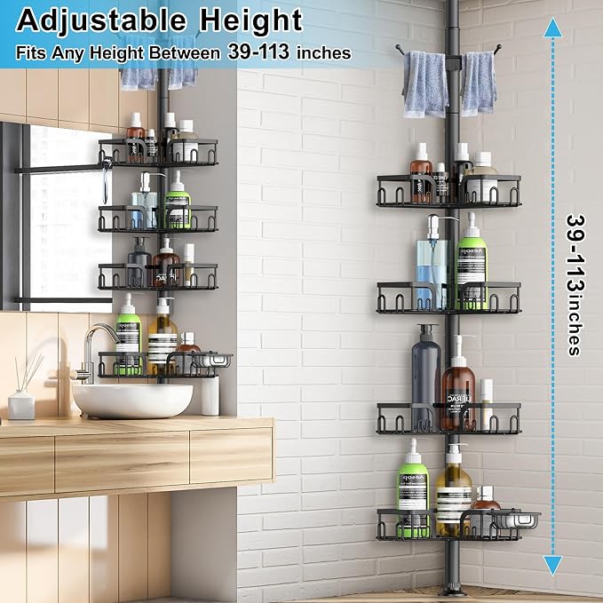 Corner Shower Caddy Tension Pole 4 Tier Adjustable Stainless Steel Shower Shelf for Inside Shower Bathtub Shampoo,Standing Bathroom Organizer Shelves with 39 to 113 inch Height - Image 2