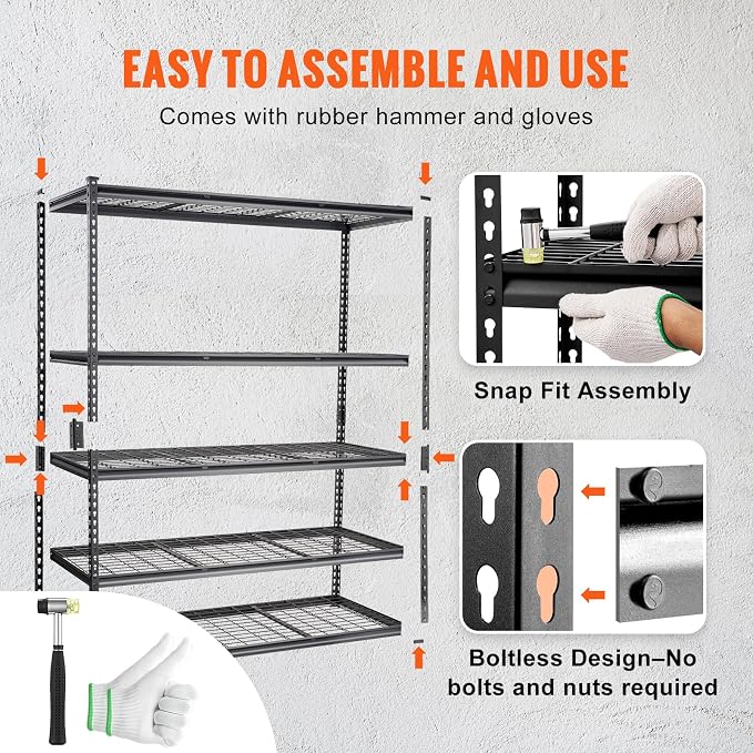 VEVOR Storage Shelving Unit, 5-Tier Adjustable, 2000 lbs Capacity, Heavy Duty Garage Shelves Metal Organizer Wire Rack, Black, 60" L x 24" W x 78" H for Kitchen Pantry Basement Bathroom Laundry Closet - Image 3