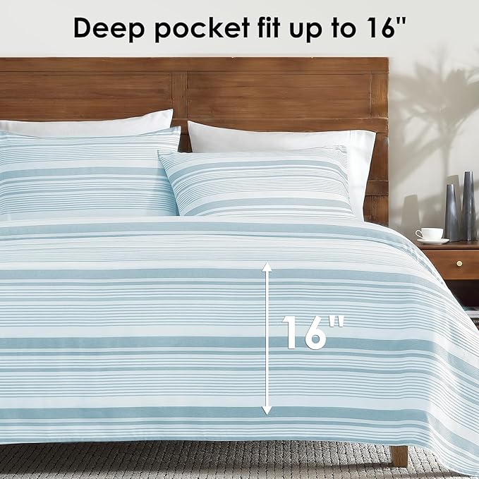 ClevaHome Classic Stripe Sheet Set - 4 Pieces Super Soft & Breathable Bed Sheet Set with Deep Pocket, Enhanced Comfort & Easy Care (King, Glacier Stripe)