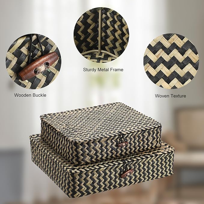 Hipiwe Woven Storage Basket with lid - Flat Wicker Storage Baskets Bins Natural Seagrass Storage Baskets Box for Shelf Home Decor, Set of 2, Blacks Strips - Image 5