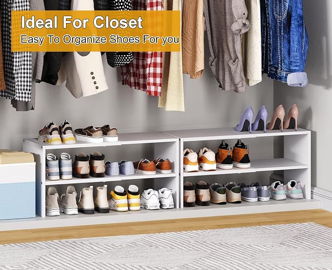 White Shoe Rack Organizer for Closet, 2-Tier Expandable Shoe Shelf, Stackable Iron Wood Combination Small Shoe Racks Shelves for Closets, Entryway,Small Space,Hallway,Bedroom,Bathroom,6-12 Pairs - Image 6
