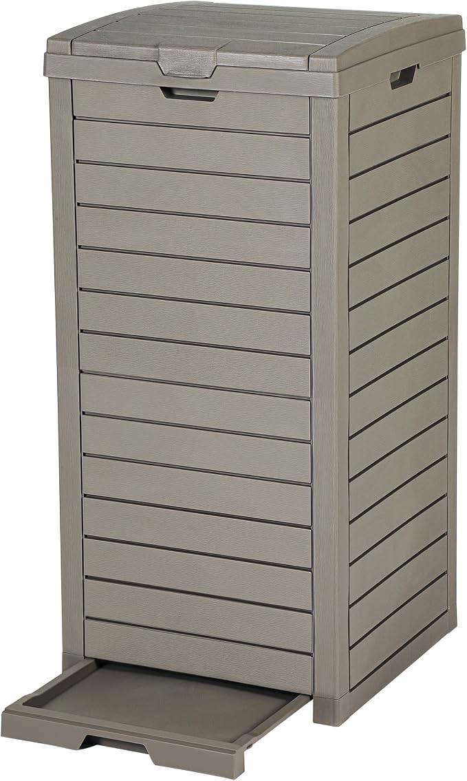 DWVO 38 Gallon Large Outdoor Trash Can, Waterproof Resin Hideaway Garbage Bin with Lid and Drip Tray, Outside Trash Bin for Porch, Backyard, Deck, Patio, Poolside, Easy to Clean, Taupe by DWVO