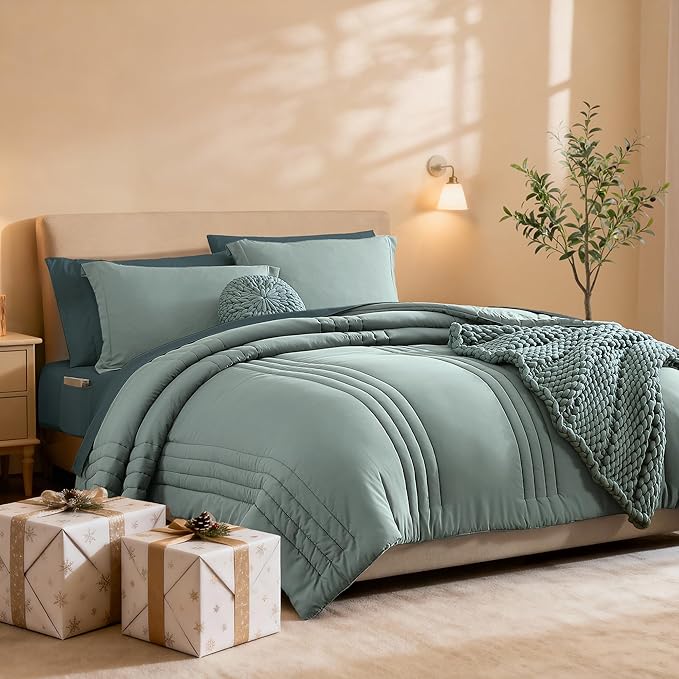 Monbix Full Size Comforter Sets - 7 Pieces Sage Green Bed in a Bag Full Size Bedding Sets with Comforter, Sheets, Pillowcases & Shams