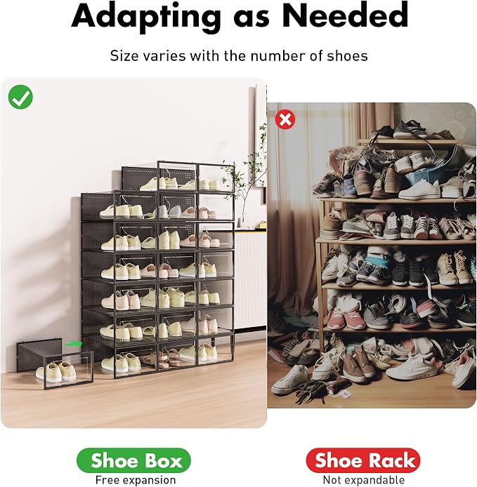 Foluck Shoe Storage Box, 15 Pack Clear Plastic Stackable Shoe Organizer for Closet, Interlocking Design for Sneakers, Foldable Shoes Container Rack with Lids, Black - Image 4
