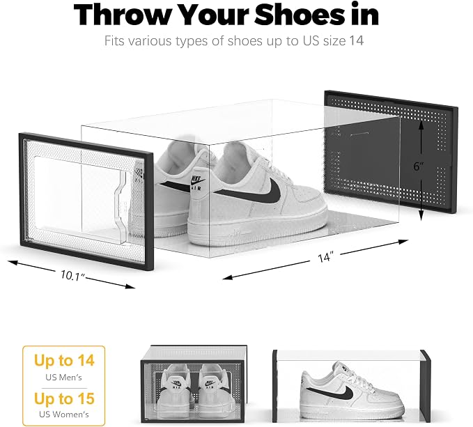 SEE SRPING XX-Large Shoe Storage Box Fit Size 14, Clear Plastic Stackable Shoe Organizer for Closet, Shoe Rack Sneaker Containers Bins Holders, Drawer Organize Unit, 12 Pack Black - Image 4