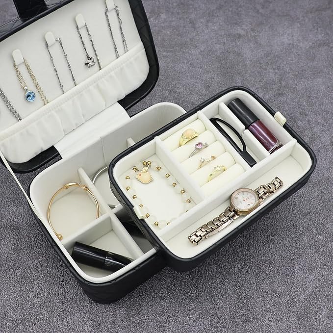 Jewelry Travel Case, 2-Layer Jewelry Box Organizer Medium Jewelry Travel Box, Portable Faux Leather Jewellery Storage Boxes with Argyle for Women, Daily Jewellery Case Home Use (Pure black) - Image 6