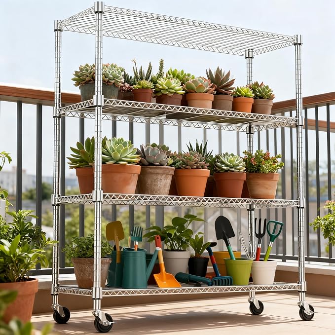 M MZG 1400LBS 47.2" W 4 Tiers Storage Shelves Metal Shelving Unit with Wheels Heavy Duty Garage Shelving Adjustable Wire Shelves for Pantry,Kitchen,Garage,Basement,Chrome 17.7" D x 47.2" W x 62.6" H - Image 5