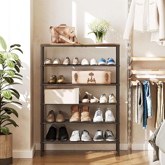 YATINEY 6-Tier Shoe Rack, Shoe Storage Organizer for Closet, Free Standing Shoe Organizer with Metal Mesh Shelves, 24 Pairs of Shoes, Rustic Brown and Black SS06BR - Image 2