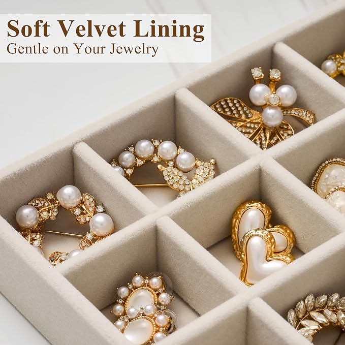 Velvet Jewelry Drawer Organizer Trays – Large Beige Stackable Jewelry Storage Inserts Set, 4-Layer Jewelry Tray Set for Earrings, Rings, Necklaces, Bracelets with Removable Dividers for Dresser,Vanity - Image 3