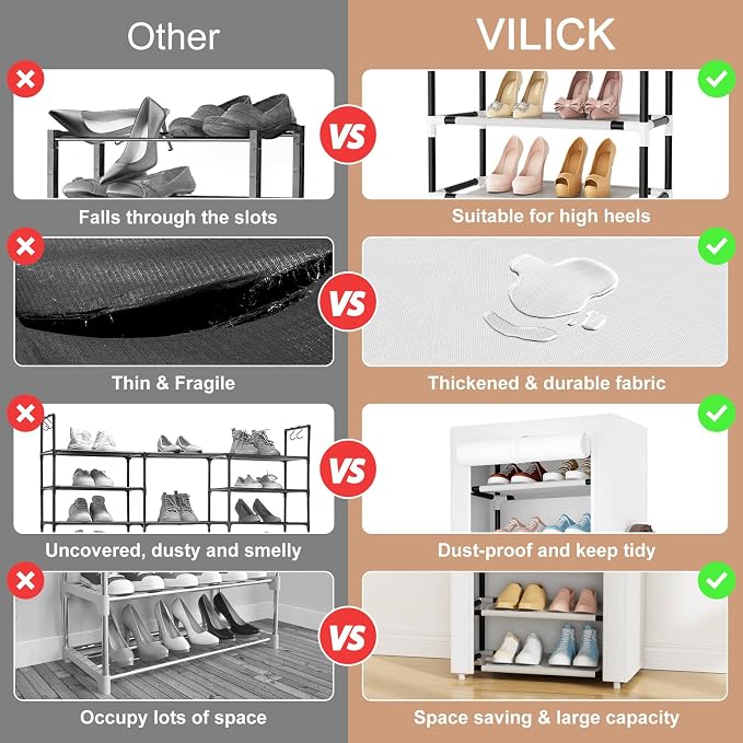VILICK Shoe Rack with Cover Narrow Shoe Rack Organizer with 4 Side Pockets 10 Tier Tall Shoe Storage Shoe Shelf Holds 18-22 Pairs Shoes and Boots Shoe Rack for Closet, White - Image 5