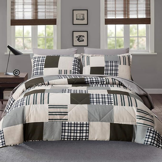 Comforter Set King Size Plaid Patchwork Comforter Bedding-7 Piece Bed in a Bag,Soft Fluffy Reversible Microfiber Bedding Set(1 Comforter,1 Flat Sheet,1 Fitted Sheet,2 Pillowcases,2 Pillow Shams)