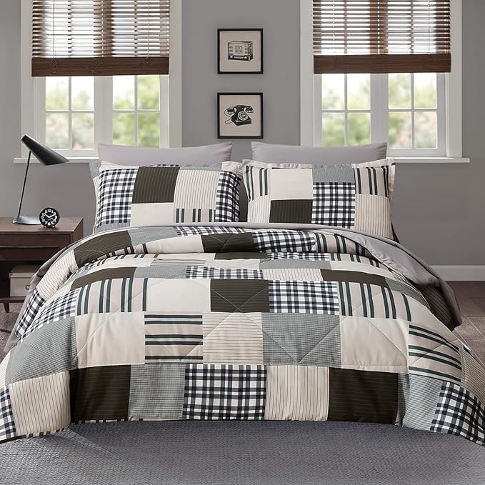 Comforter Set Queen Size Plaid Patchwork Comforter Bedding-7 Piece Bed in a Bag,Soft Fluffy Reversible Microfiber Bedding Set(1 Comforter,1 Flat Sheet,1 Fitted Sheet,2 Pillowcases,2 Pillow Shams)