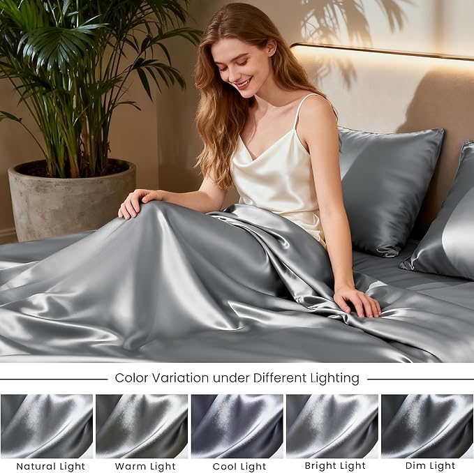 Love's cabin Full Size Satin Sheet Sets - 4 Piece Dark Grey Silky Sheet with Deep Pocket, Luxury Silk Feel Satin Bed Sheets Full Bedding Set (1 Flat Sheet,1 Fitted Sheet,2 Pillow Cases)