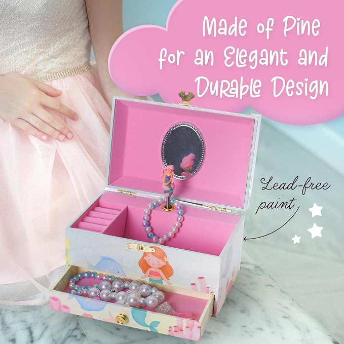 The Memory Building Co Mermaid Musical Jewelry Box Plays Classic Melody, Storage Organizer Music Box for Kids Ages 6-12, MDF Wood w/ 2 Fabric Lined Ring Bracelet Necklace Treasure Compartments - Image 5