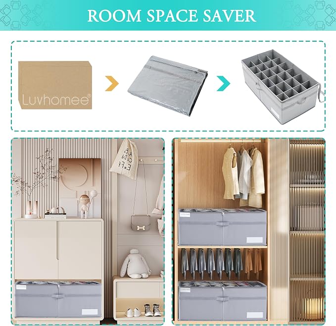 LUVHOMEE Shoe Organizer for Closet, Fits 24 Pairs, Large Shoe Box Storage Containers, Clear Foldable Shoe Storage Bins w/Bottom Support, Space Saving Closet Shoes Holder w/Reinforced Handles, Gray - Image 7