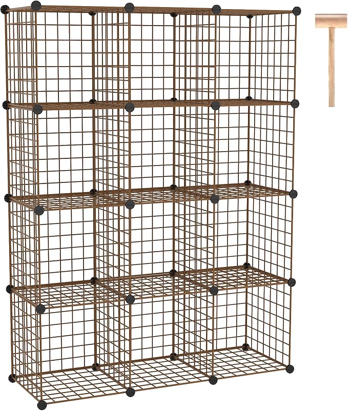 C&AHOME Wire Cube Storage, 12 - Cube Organizer Metal C Grids, Modular Shelves Units, Closet Organizer, Ideal for Home, Office, Living Room, 36.6”L x 12.4”W 48.4”H, Brown UWCS3012R by CAHOME
