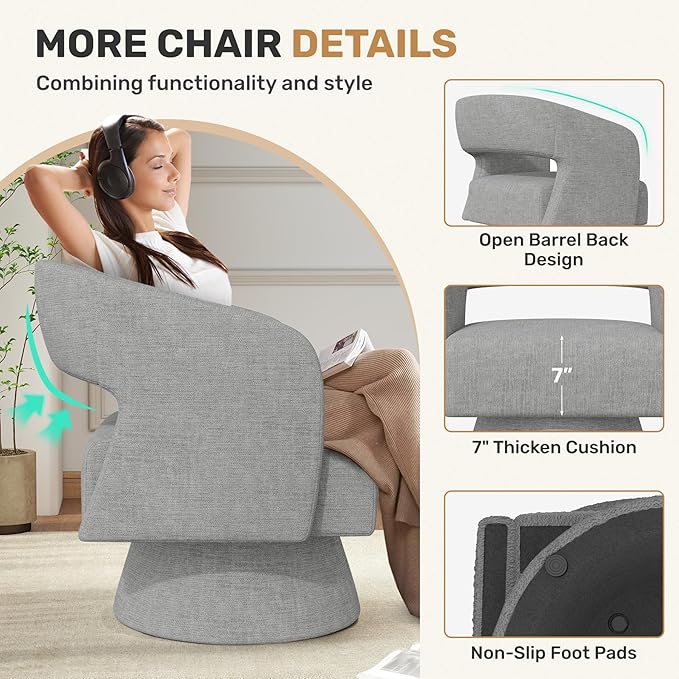 Nebuaegis Swivel Accent Chair, Modern Comfy Chenille Barrel Chairs, Oversized Upholstered Round Arm Chair for Living Room, Bedroom, Reading Room, Grey, 1 PCS