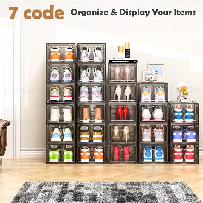7 code Thicken & Sturdy Clear Shoe Storage Organizer with Magnetic Door, Stackable Boxes for Closet, Foldable Shoe Rack for Sneaker Boot Container, Plastic Shoe Cabinet Shoe Box 6 Pack, Black - Image 9