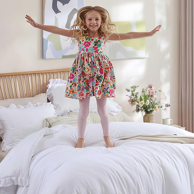 JANZAA Twin Comforter Set White Comforter Ruffled Comforter Set Soft Twin Size Bed Set Vintage Farmhouse Bed Comforter Set Fluffy Shabby Chic Bedding with 1 Pillowcase