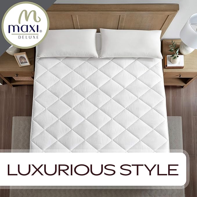 MAXI Full XL Mattress Pad - Luxurious Cotton Sateen Mattress Protector - Soft, Comfortable, and Breatheable Mattress Cover - Mattress Pad Protects Mattress from Dust, Dirt, Spills, and Stains.