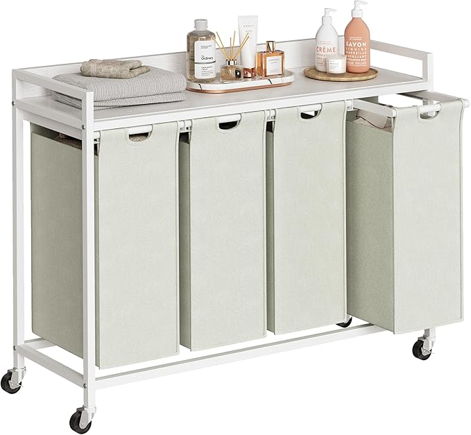 Herture Laundry Hamper with Shelf, Laundry Basket 4 Section, Laundry Sorter with Pull-Out Removable Large Bags and Movable Wheels, Metal Frame, 4 x 15.87 Gallons (60L), White PF07XLW by Herture