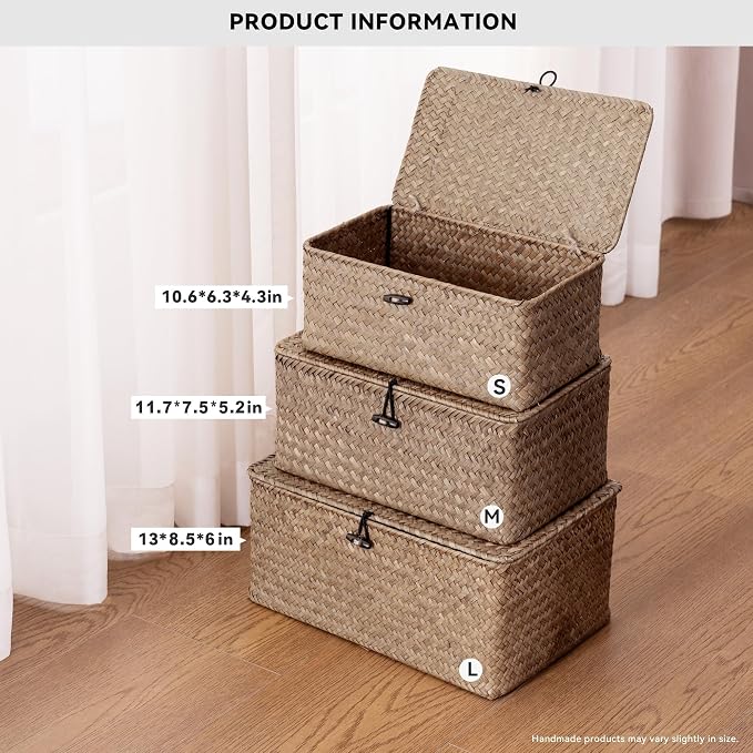 Nonam Seagrass Storage Baskets with Lid Set of 3,Wicker Basket Storage Bin for Shelves,Rectangular,Boho Decor,Handwoven Shelf Basket for Organizing-Storage Container Box for Home Organization-Coffee - Image 2