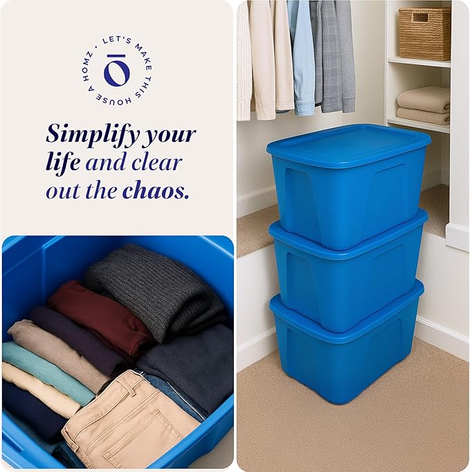 HOMZ 4-Pack Durable Molded Bin, Plastic Storage Containers w/Lids, 10 Gallon, Blue - Stackable Organizer Totes and Boxes for Bedroom, Kitchen, and Garage Organization