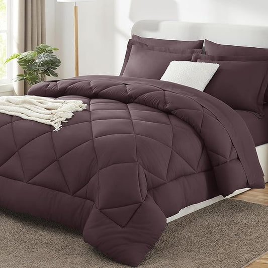CozyLux Queen Comforter Set Cocoa Powder - Bed in a Bag Queen Size 7 Pieces, Luxury Soft Bed Set for All Seasons, Bedding Set with Down Alternative Comforter, Sheets, Pillowcases & Shams