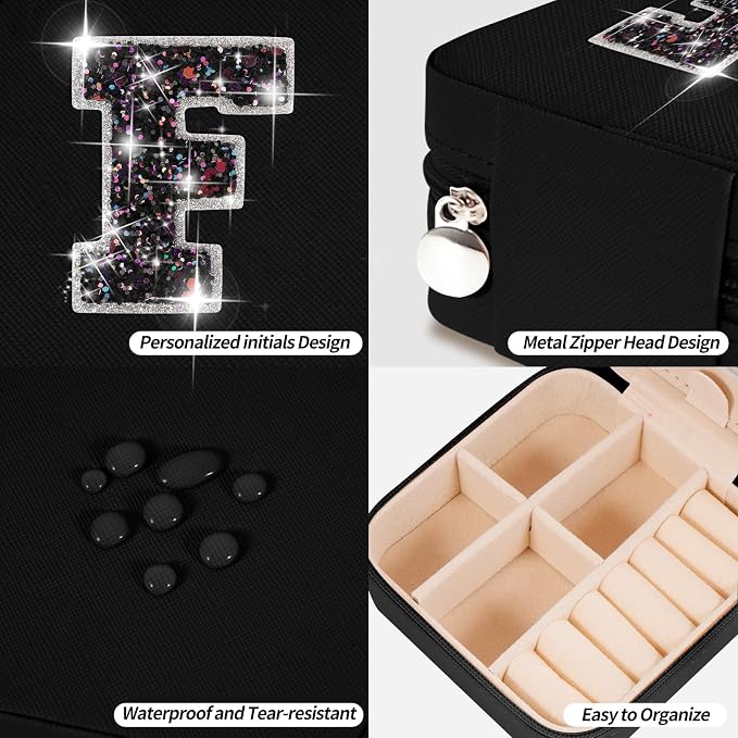Uygafly Personalized Jewelry Case for Women Girls - Fashion Mini Jewelry Boxes - Trendy Travel Jewelry Organizer with Initials Letter - Teen Gifts | Black,F - Image 4
