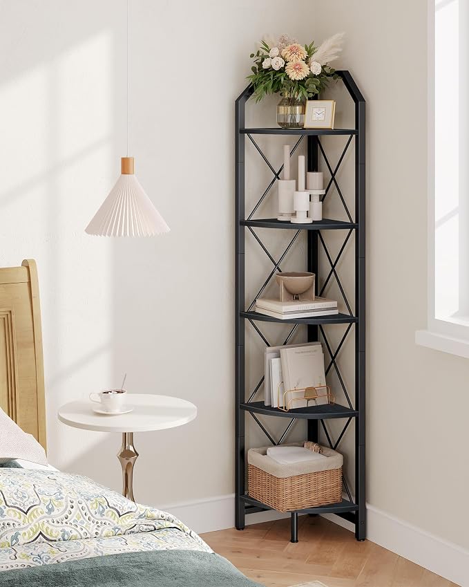 CHOEZON 5-Tier Corner Shelf, Industrial Corner Bookshelf, 59.4" Corner Storage Stand, Plant Stand Display Shelf, Corner Bookcase for Bedroom, Living Room, Home Office, Black TCJ10BB by Choezon