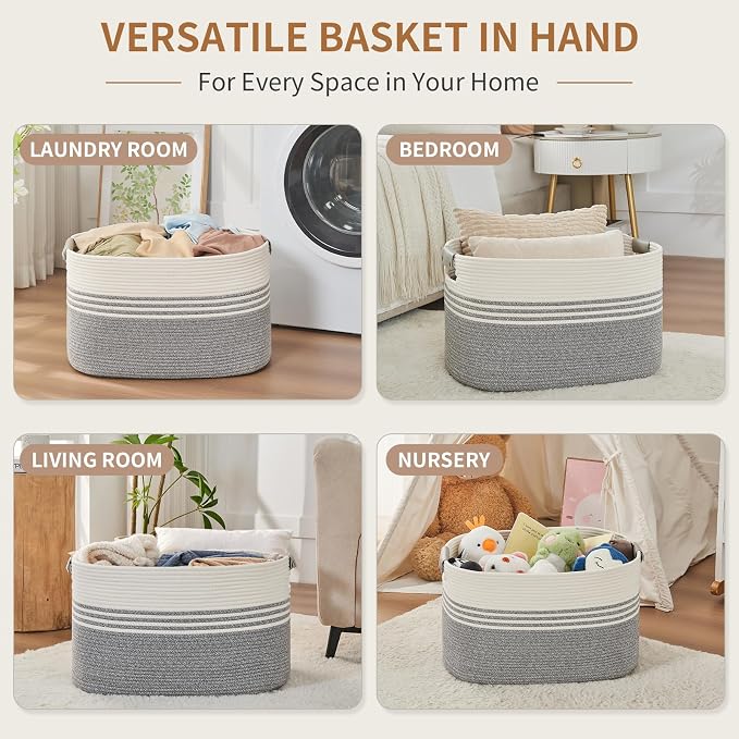 AINUOQI Laundry Basket with Handles - Blanket Basket & Hampers for Bedroom Aesthetic, Laundry Hamper & Blanket Storage for Living Room, Clothes Hamper, Tall, Large 21.7" x 16.9" x 11.8”, Grey - Image 4