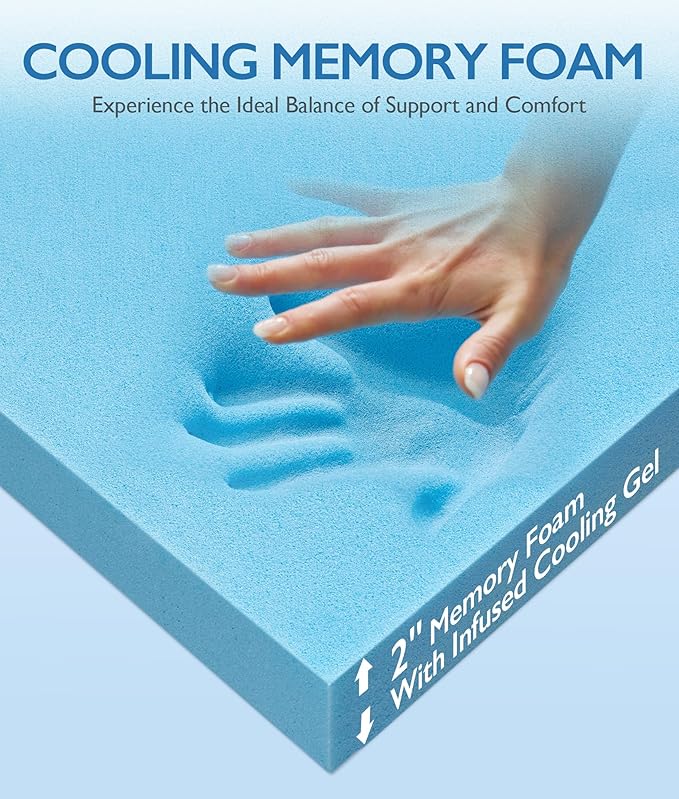 SINWEEK 2 Inch Twin XL Cooling Memory Foam Mattress Topper for Pressure Relief, Thick Bed Mattress Pad with Cooling Soft Cover and Adjustable Straps, CertiPUR-US Certified