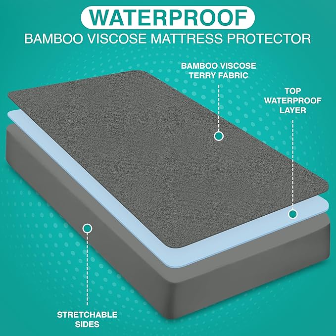Utopia Bedding Premium Waterproof King Size Mattress Protector, Viscose Made from Bamboo Mattress Cover, Breathable, Fitted Style with Stretchable Pockets (Gray)