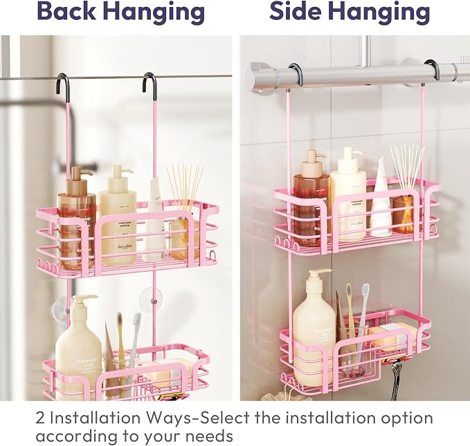 SWTYMIKI Shower Caddy Hanging Organizer - Over the Door Shower Caddy with Soap Holder, 11 Hooks, 2 Installation Ways, Stainless Steel Rustproof Bathroom Organizer, Pink - Image 3