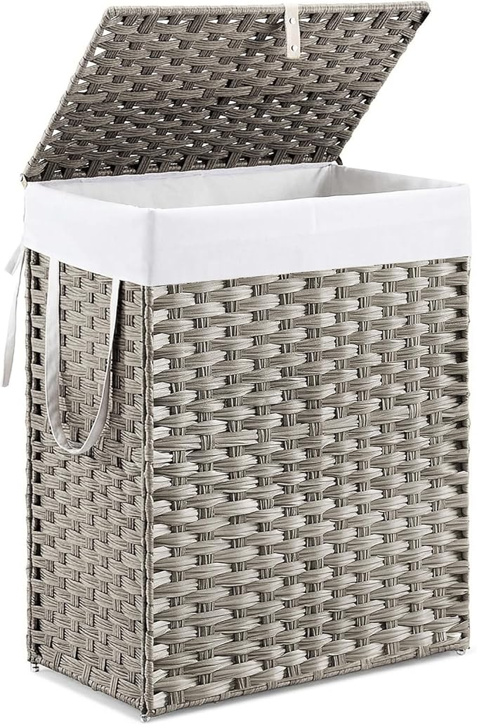 DUMOS Woven Laundry Basket with Lid, 90L Large Capacity Hamper, Removable & Machine-Washable Liner, Foldable Rattan Clothes Hamper, Sturdy Steel Frame, Odor Control, Dove Gray by DumosLifestyle