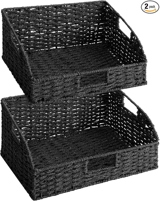 StorageWorks Wicker Baskets with Handles, Pantry Organizers and Storage, Paper Rope Pantry Baskets for Shelves, Black， 2-Pack by StorageWorks
