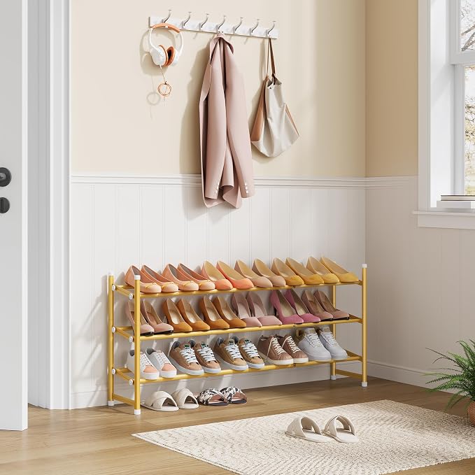 Tajsoon Expandable Shoe Rack for Closet 3 Tier, 28“-41“Adjustable & Stackable Shoe Shelf Storage, Metal Shoe Rack Organizer for Front Door Entrance, Closet, Garage, Entryway, Gold - Image 2