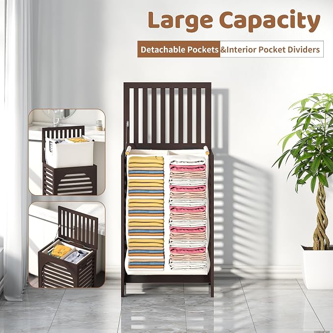 FILWH Laundry Hamper with Lid (16.9 * 13 * 26.5inches) Large Bamboo Laundry Bin Basket 85L Clothes Hamper with 1 Removable Bag Storage baskets for Bathroom(Brown) - Image 5