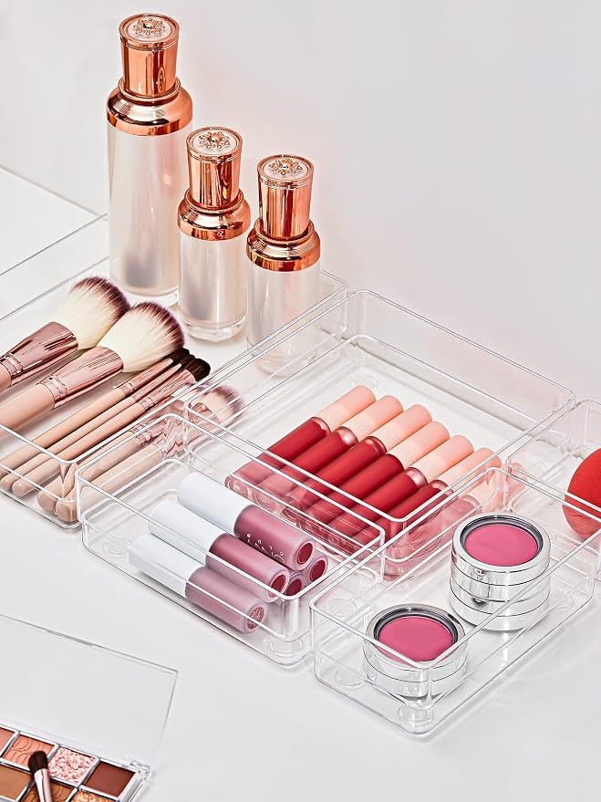 SMARTAKE 16-Piece Drawer Organizer with Non-Slip Silicone Pads, 5-Size Desk Storage Tray for Makeup, Jewelries, Utensils in Bedroom Dresser, Office and Kitchen, Clear - Image 3