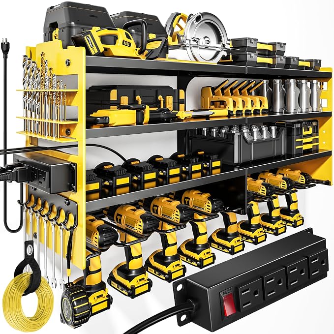 POKIPO Large Power Tool Organizer Wall Mount with Charging Station,4 Layer Heavy Duty Metal Storage Rack Loads 600lbs with 8 Cordless Drill Holder,Battery Utility Rack Gift for Garage workshops Room by POKIPO