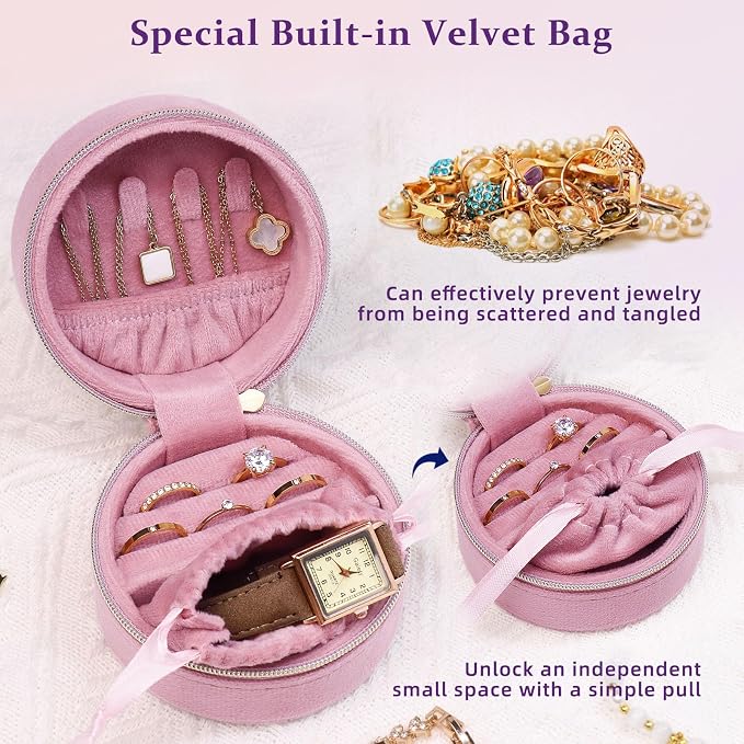 CONBOLA Travel Jewelry Case Small Jewelry Box for Women Girls,Round Velvet Mini Jewelry Travel Organizer,Portable Jewelry Box for Rings Earrings Necklaces Bracelets.(Pink,Small) - Image 5