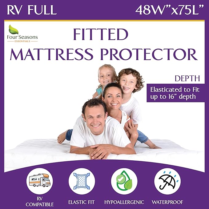 RV Short Full Waterproof Mattress Protector (48" Wx75 L) - Fitted Sheet Style for Three Quarter 3/4 Full Mattress - Hypoallergenic Premium Quality Cover Protects Against Dust, Allergies