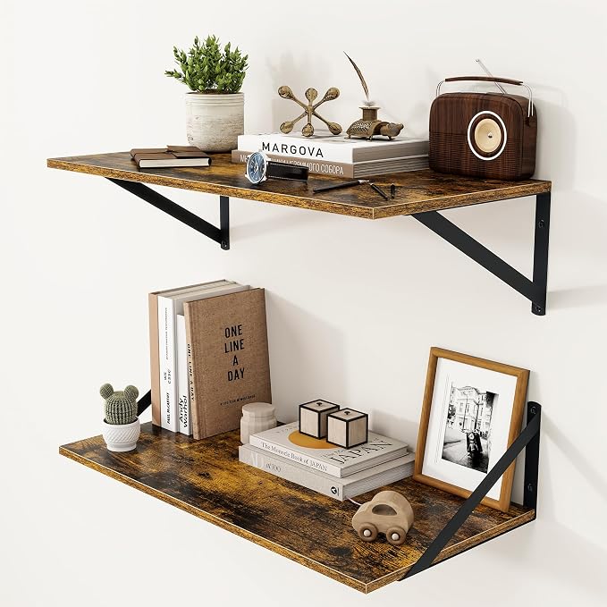 Heimlove Deep Floating Shelves for Wall, 24W x 12D Wood Wall Shelves Set of 2, Wide Floating Bookshelf for Living Room, Kitchen, Office, Bedroom and Decor Storage, with Metal Bracket - Rustic Brown by Heimlove