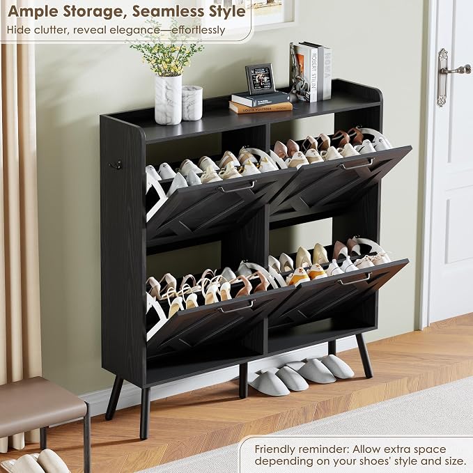 Nicetree Shoe Cabinet with 4 Flip Drawers, Hidden Shoe Rack Cabinet with Metal Legs, Farmhouse Narrow Shoe Storage Cabinet for Entryway, Foyer, Hallway, Black with Hook - Image 5