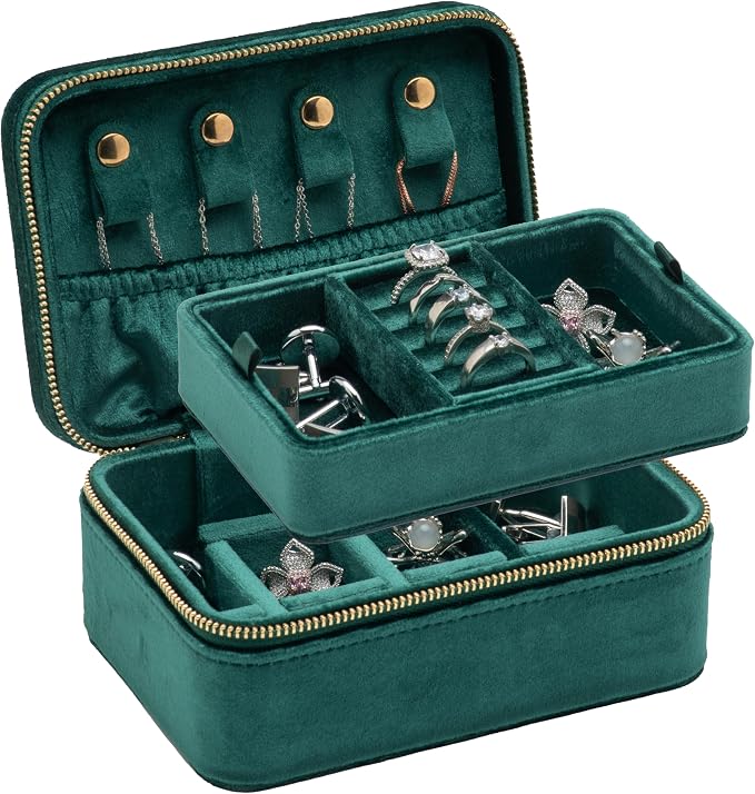 Velvet Travel Jewelry Organizer Box with Zipper Around Portable Accessory Display Tray Holder Storage Case for Multiple Earrings Rings Necklaces Bracelets (Green) by COWFEX