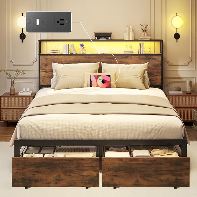 Lifezone Full Bed Frame with 2-Tier Storage Headboard, Metal Bed Frame with Storage Drawers & Built-in Charging Station & LED, Noise-Free, No Box Spring Needed, Easy Assembly, Retro Brown