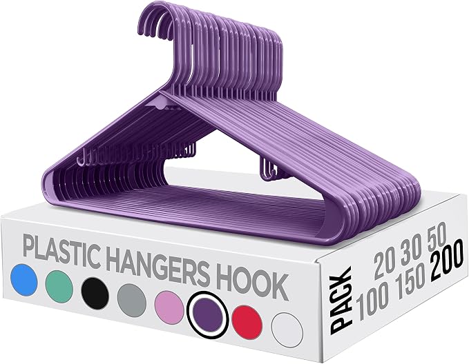 Utopia Home Plastic Hangers 200 Pack - Clothes Hanger with Hooks - Durable & Space Saving Coat Hanger - Heavy Duty Purple Hangers - Skirt Hangers - Image 6