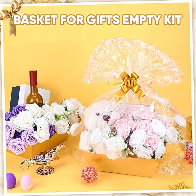 AFOROEOA 6PACK Gold Baskets for Gifts Empty, 12x10x4” Thick Cardboard Gift Basket Kit with 6 Bows & 6 Bags - Kraft Empty Gift Baskets for Christmas, Weddings, Birthdays, Holiday Gifting - Image 3
