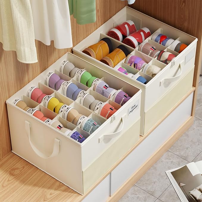 NestOrganix 2 Pack Shoe Organizer for Closet, Large Shoe Box Storage Containers, Foldable Shoe Storage Organizer Box Bin with Adjustable Dividers and Clear Cover, Space Saving Shoes Holder, Beige - Image 7