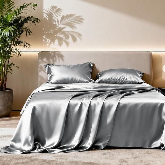Love's cabin Twin Satin Sheet Sets - 3 Piece Dark Grey Silky Bed Sheets with Deep Pockets, Luxury Silk Feel Satin Twin Size Sheet Set Bedding Set (1 Flat Sheet,1 Fitted Sheet,1 Pillow case)